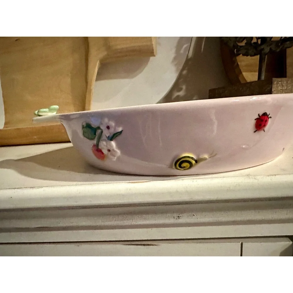 RARE Anthropologie Faye Pie Dish 3D Butterfly Ladybug Snail Pink Stoneware HTF